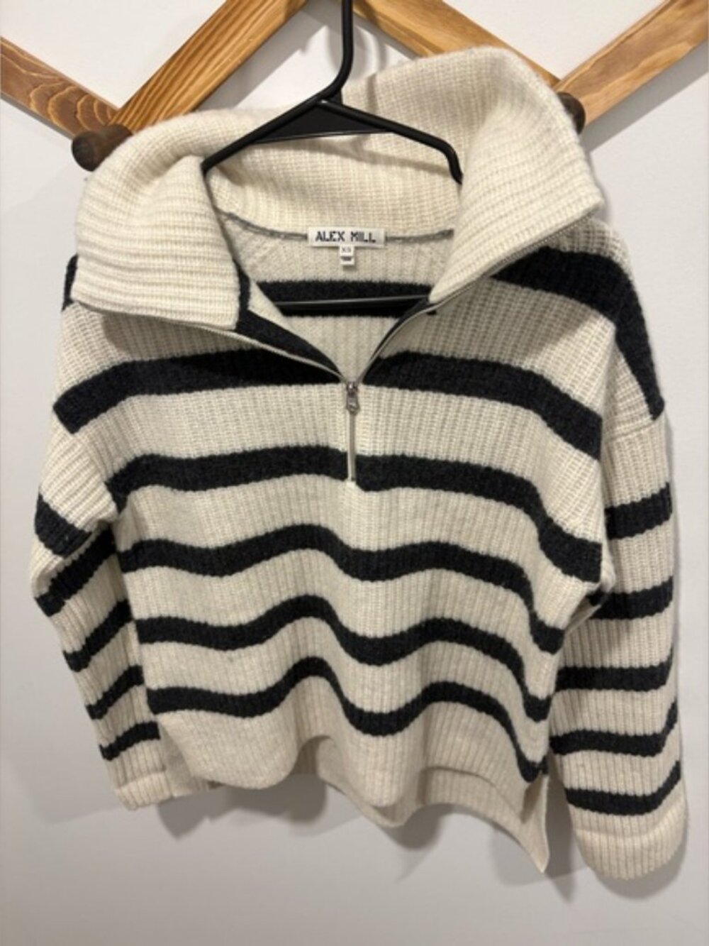 Alex Mill Felix Striped Merino Wool Half Zip Sweater Cream Charcoal XS - Picture 2 of 13